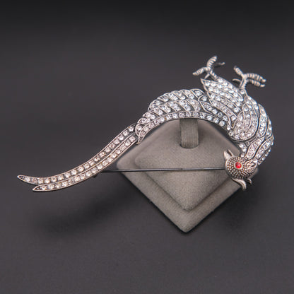 ❤️ Vintage Rhinestone Phoenix Bird Brooch Silver Tone Dramatic Tail Pin