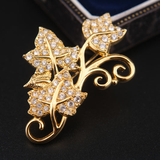 ❤️ Swarovski Ivy Leaf Brooch – Gold-Tone with Clear Crystals