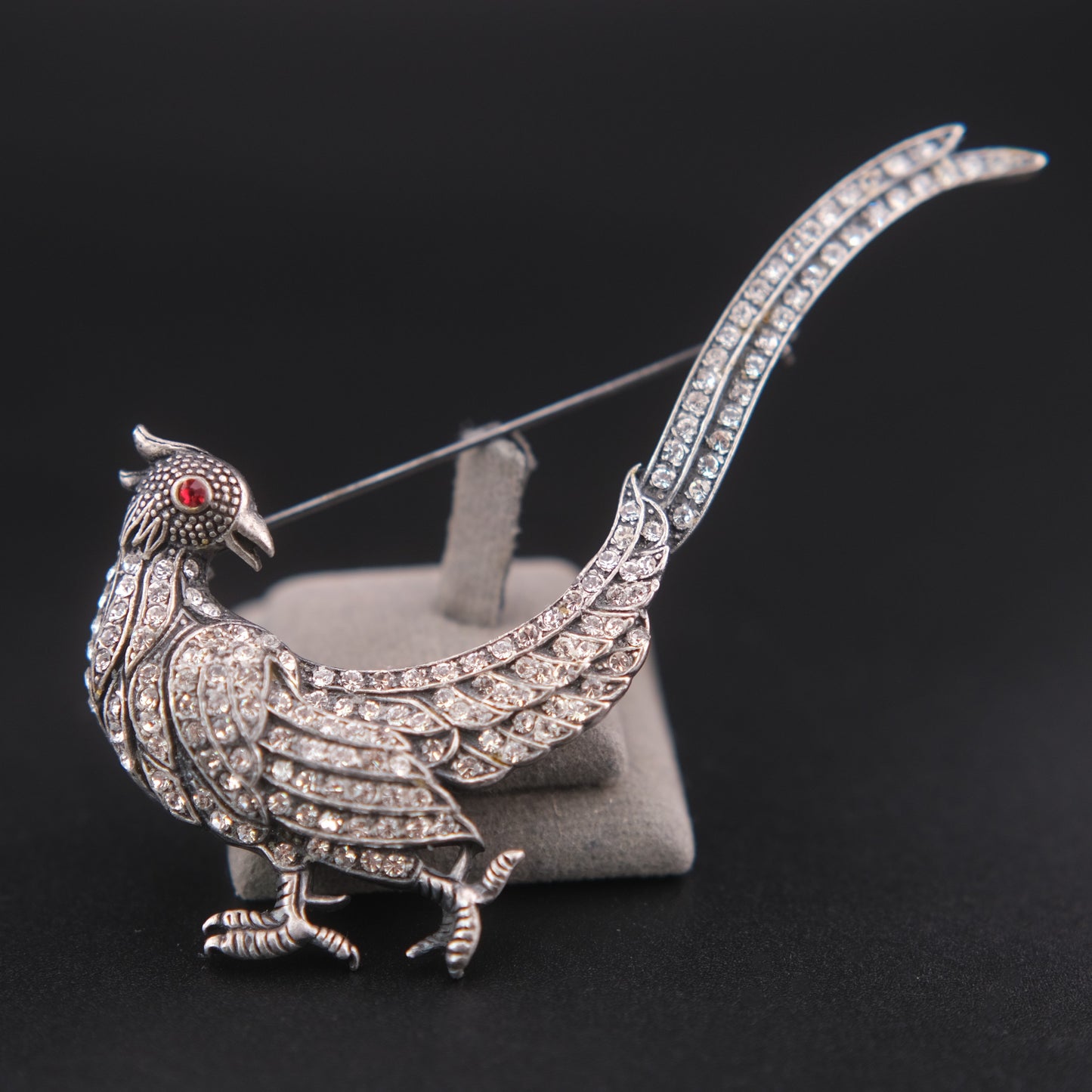 ❤️ Vintage Rhinestone Phoenix Bird Brooch Silver Tone Dramatic Tail Pin