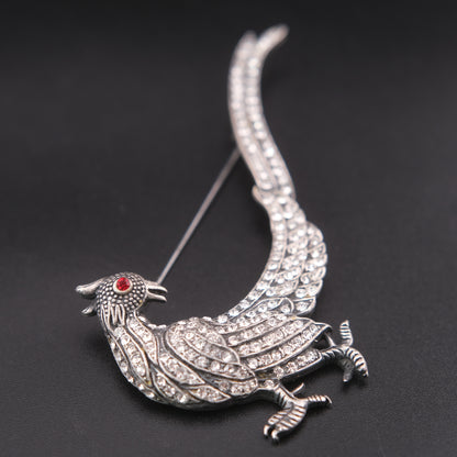 ❤️ Vintage Rhinestone Phoenix Bird Brooch Silver Tone Dramatic Tail Pin