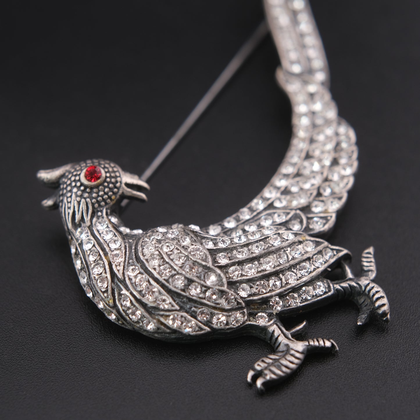 ❤️ Vintage Rhinestone Phoenix Bird Brooch Silver Tone Dramatic Tail Pin