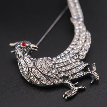 ❤️ Vintage Rhinestone Phoenix Bird Brooch Silver Tone Dramatic Tail Pin