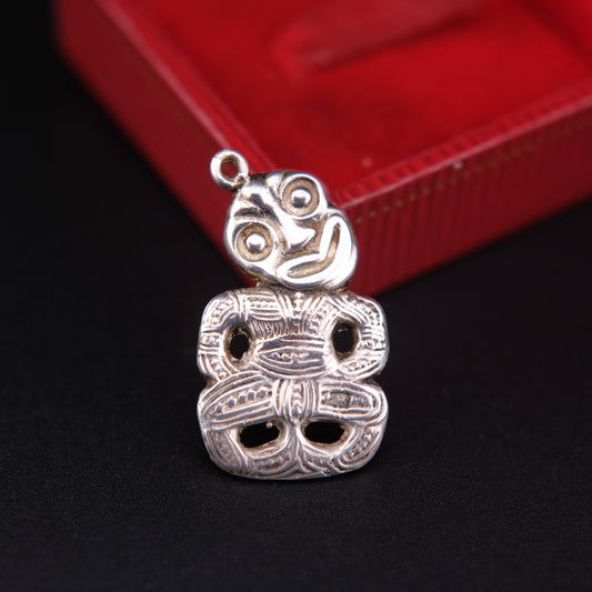 Vintage Sterling Silver Maori Tiki Pendant – Handcrafted Tribal Symbol of Protection
