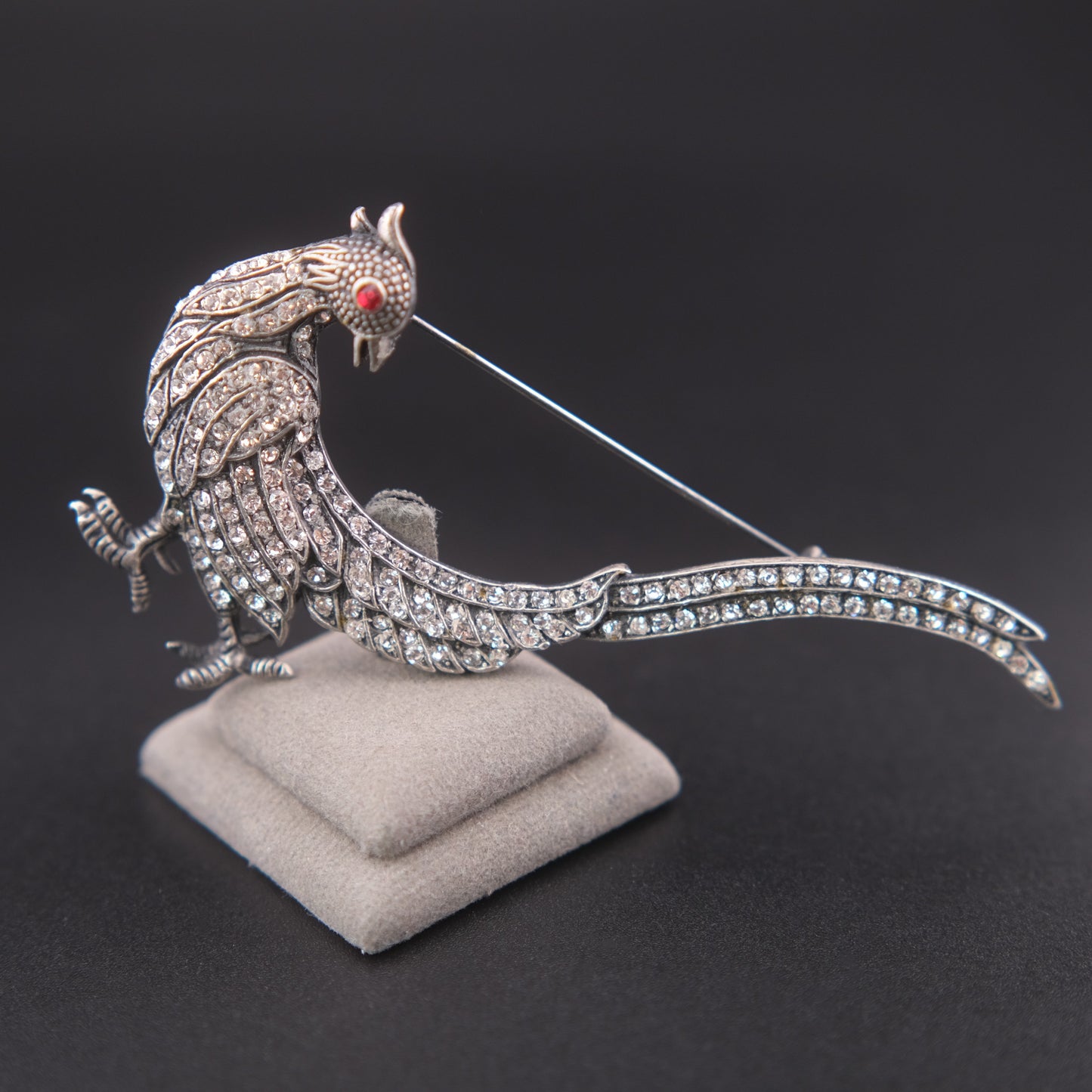 ❤️ Vintage Rhinestone Phoenix Bird Brooch Silver Tone Dramatic Tail Pin