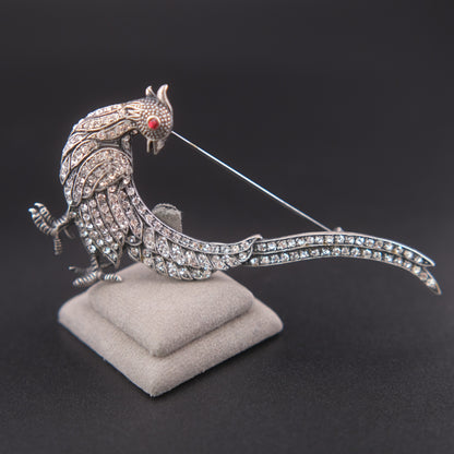 ❤️ Vintage Rhinestone Phoenix Bird Brooch Silver Tone Dramatic Tail Pin