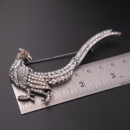 ❤️ Vintage Rhinestone Phoenix Bird Brooch Silver Tone Dramatic Tail Pin