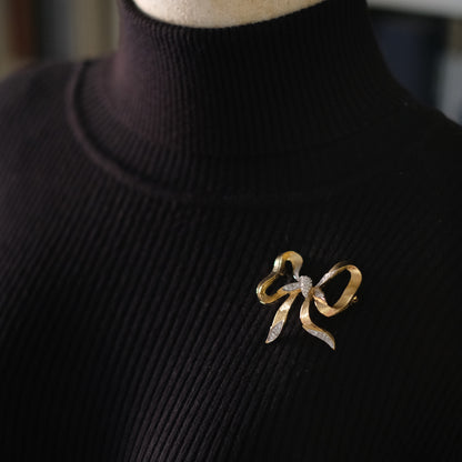 ❤️ Vintage D’Orlan Gold Tone Ribbon Bow Brooch with Clear Crystals