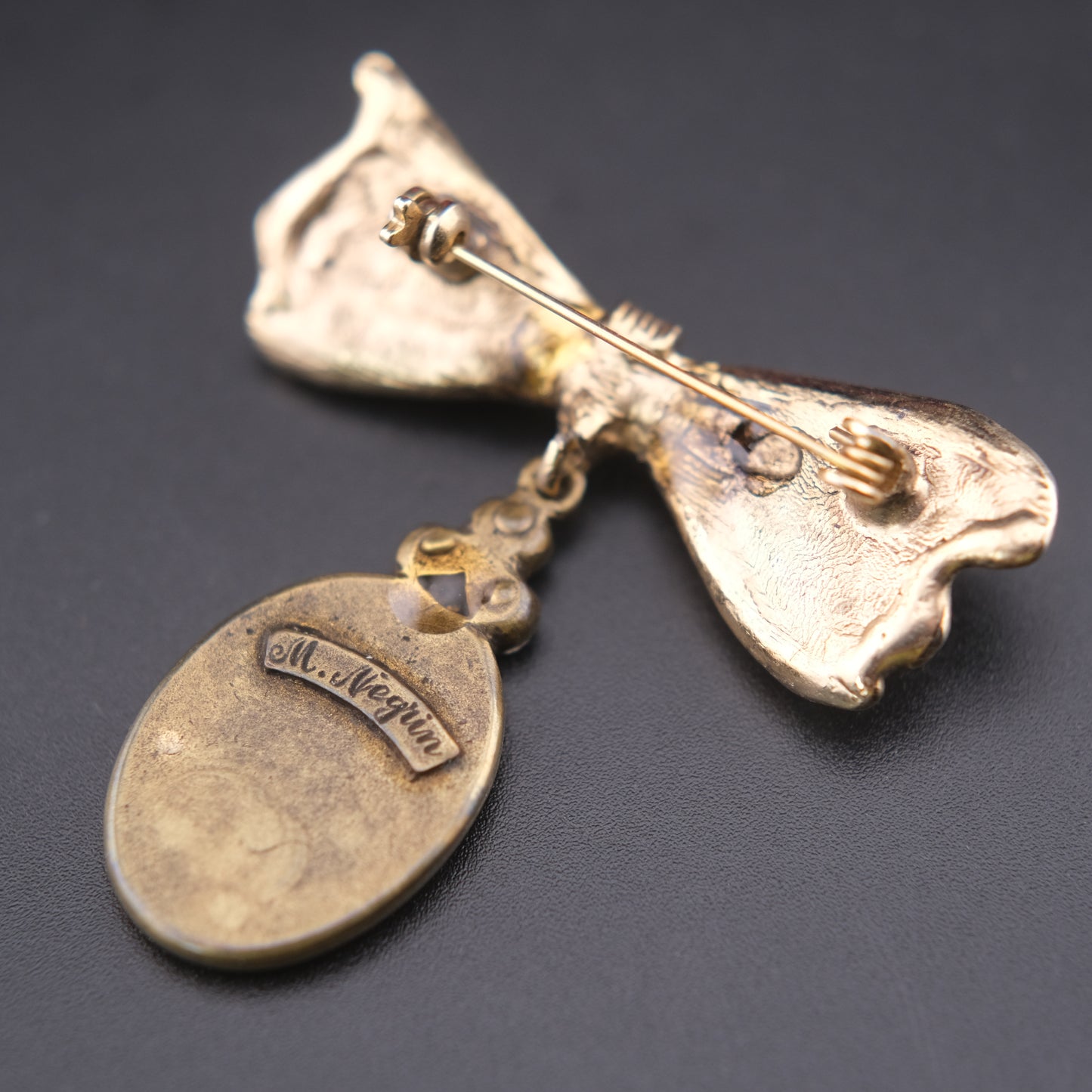 Vintage Michal Negrin Bow & Floral Drop Brooch – Crystal Accents, Romantic Design