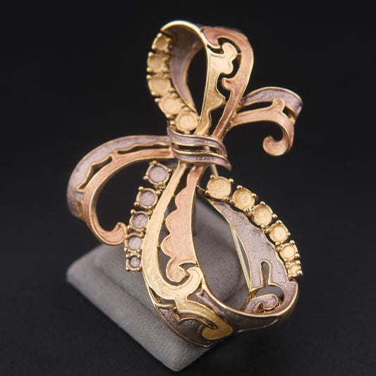 ❤️ Vintage Mixed Tone Openwork Bow Brooch with Faux Pearl Accents