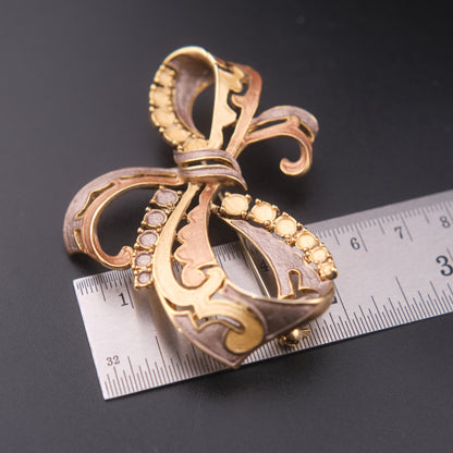 ❤️ Vintage Mixed Tone Openwork Bow Brooch with Faux Pearl Accents