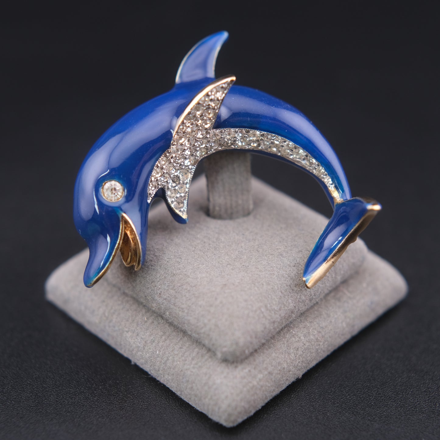 ❤️ Vintage Panetta Blue Enamel Dolphin Brooch with Rhinestones Gold Tone Figural Pin