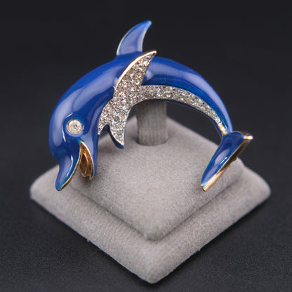 ❤️ Vintage Panetta Blue Enamel Dolphin Brooch with Rhinestones Gold Tone Figural Pin