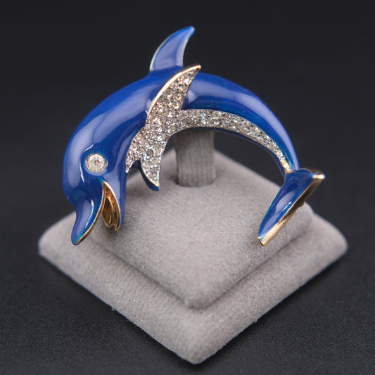 ❤️ Vintage Panetta Blue Enamel Dolphin Brooch with Rhinestones Gold Tone Figural Pin