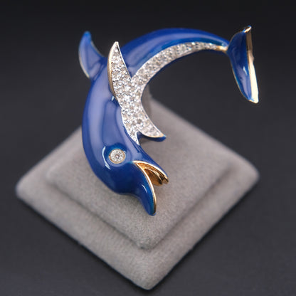 ❤️ Vintage Panetta Blue Enamel Dolphin Brooch with Rhinestones Gold Tone Figural Pin
