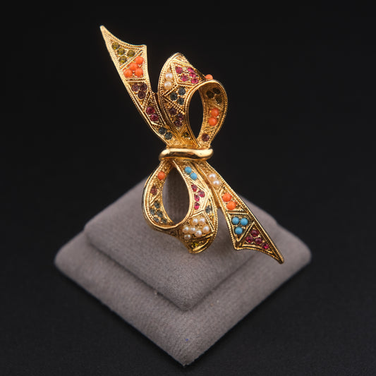 ❤️ Vintage D'orlan Ribbon Bow Brooch Gold Tone Multicolor Rhinestone Faux Pearl 2.1"