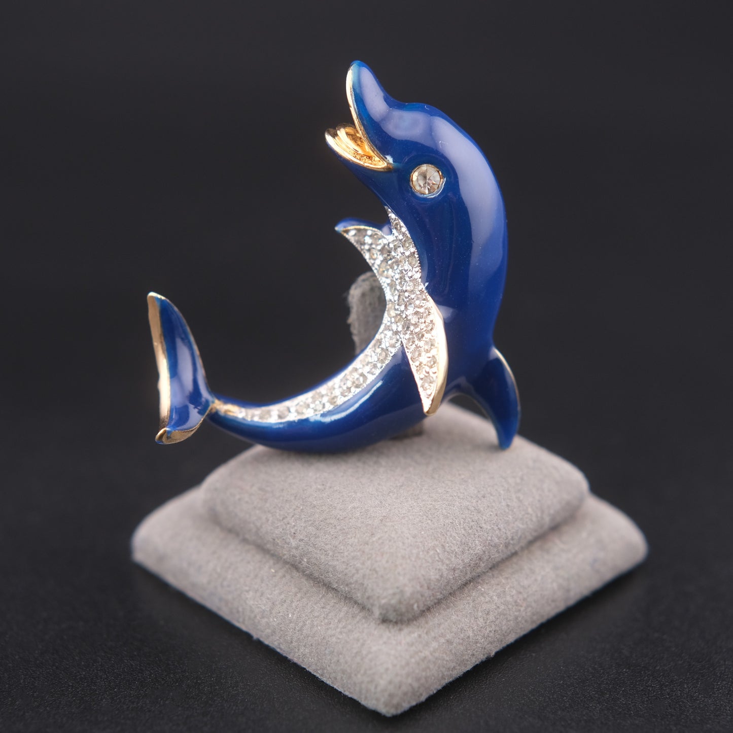 ❤️ Vintage Panetta Blue Enamel Dolphin Brooch with Rhinestones Gold Tone Figural Pin
