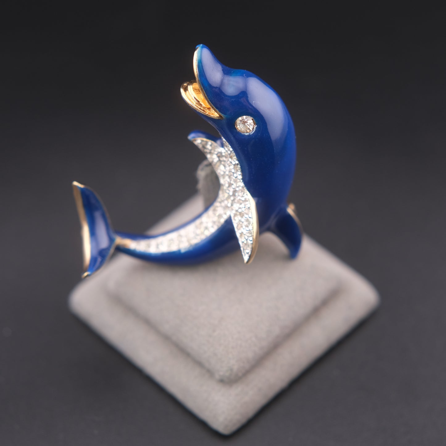 ❤️ Vintage Panetta Blue Enamel Dolphin Brooch with Rhinestones Gold Tone Figural Pin