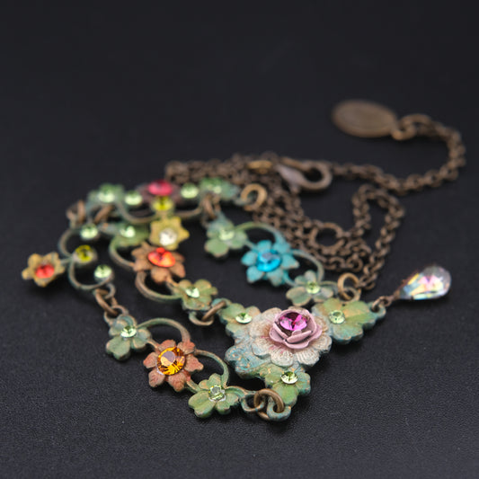 ❤️ Vintage Michal Negrin Multicolor Floral Pendant Necklace – Patina Brass with Swarovski Crystals