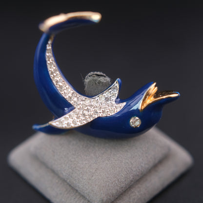 ❤️ Vintage Panetta Blue Enamel Dolphin Brooch with Rhinestones Gold Tone Figural Pin