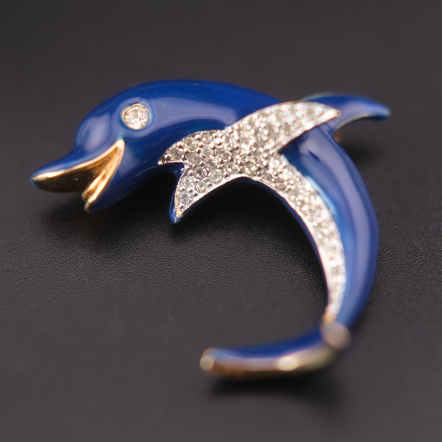 ❤️ Vintage Panetta Blue Enamel Dolphin Brooch with Rhinestones Gold Tone Figural Pin