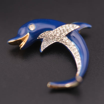 ❤️ Vintage Panetta Blue Enamel Dolphin Brooch with Rhinestones Gold Tone Figural Pin