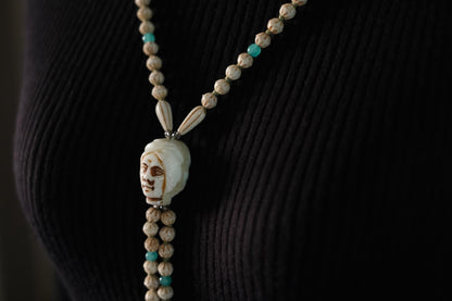 Vintage Carved Face Bead Tribal Necklace – 40" Long