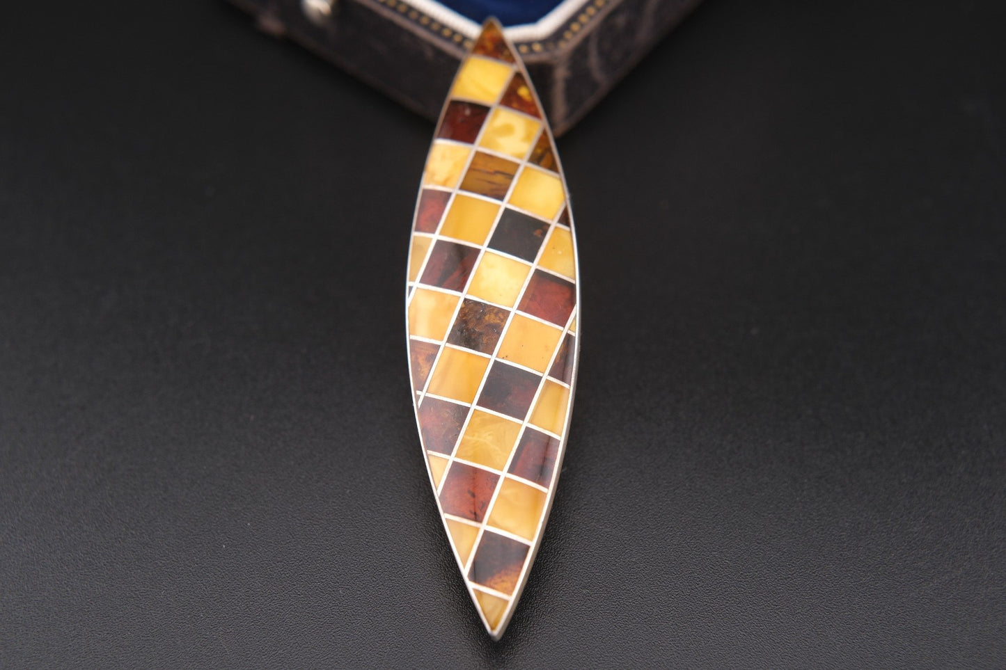Vintage Sterling Silver Amber Mosaic Brooch – Marquise Shape