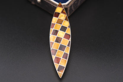 Vintage Sterling Silver Amber Mosaic Brooch – Marquise Shape