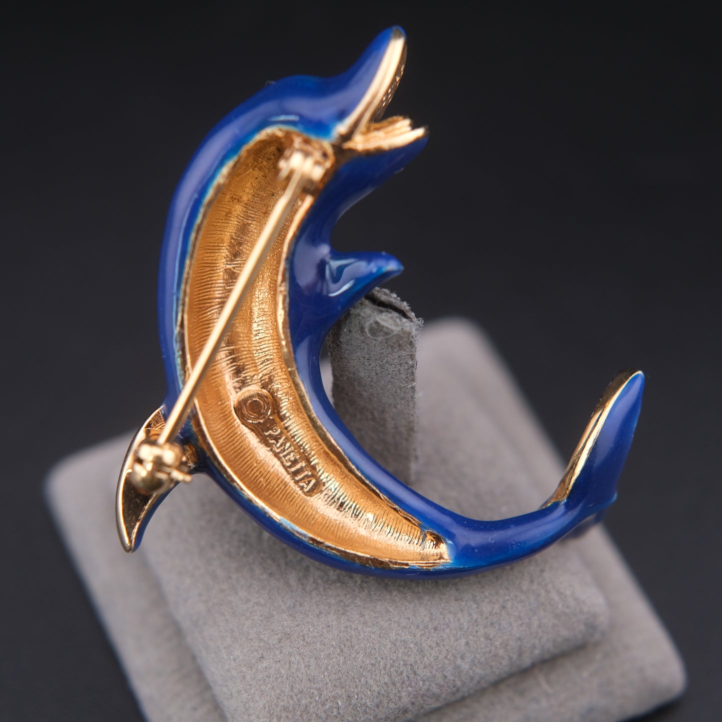 ❤️ Vintage Panetta Blue Enamel Dolphin Brooch with Rhinestones Gold Tone Figural Pin