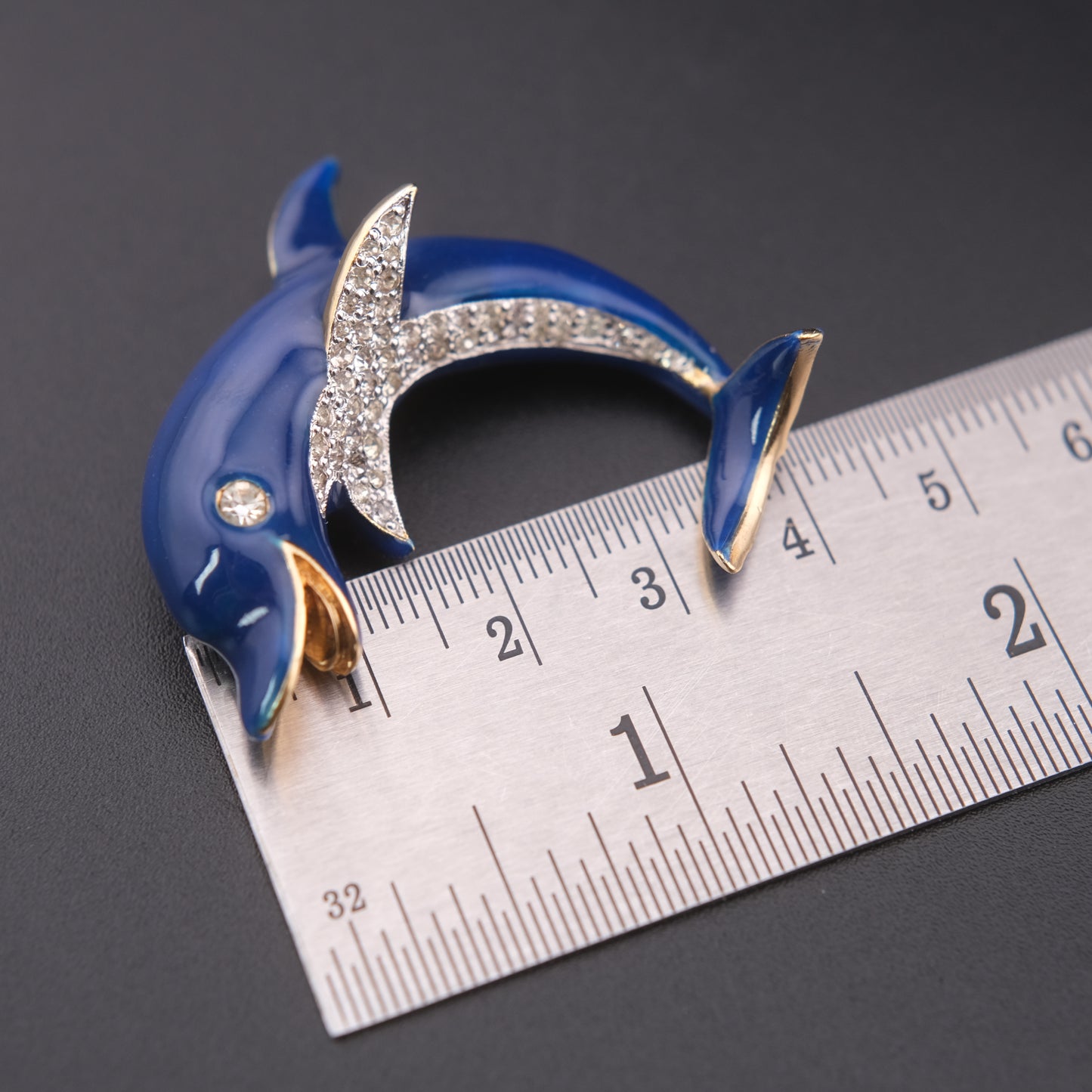 ❤️ Vintage Panetta Blue Enamel Dolphin Brooch with Rhinestones Gold Tone Figural Pin