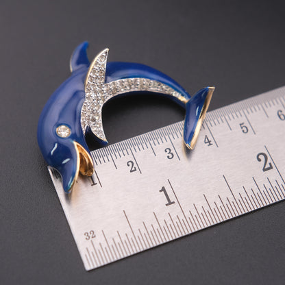 ❤️ Vintage Panetta Blue Enamel Dolphin Brooch with Rhinestones Gold Tone Figural Pin
