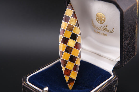 Vintage Sterling Silver Amber Mosaic Brooch – Marquise Shape