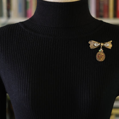 Vintage Michal Negrin Bow & Floral Drop Brooch – Crystal Accents, Romantic Design
