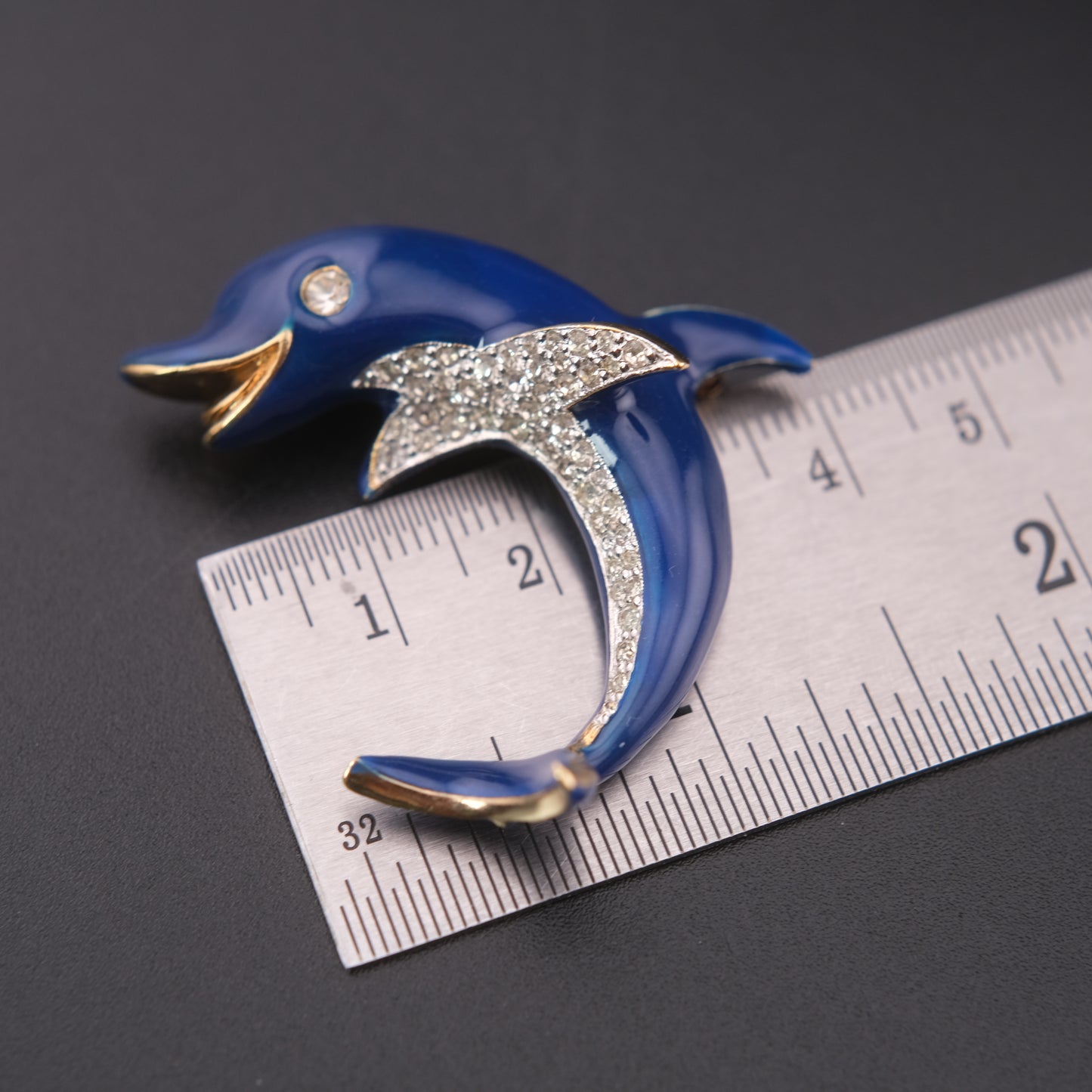 ❤️ Vintage Panetta Blue Enamel Dolphin Brooch with Rhinestones Gold Tone Figural Pin