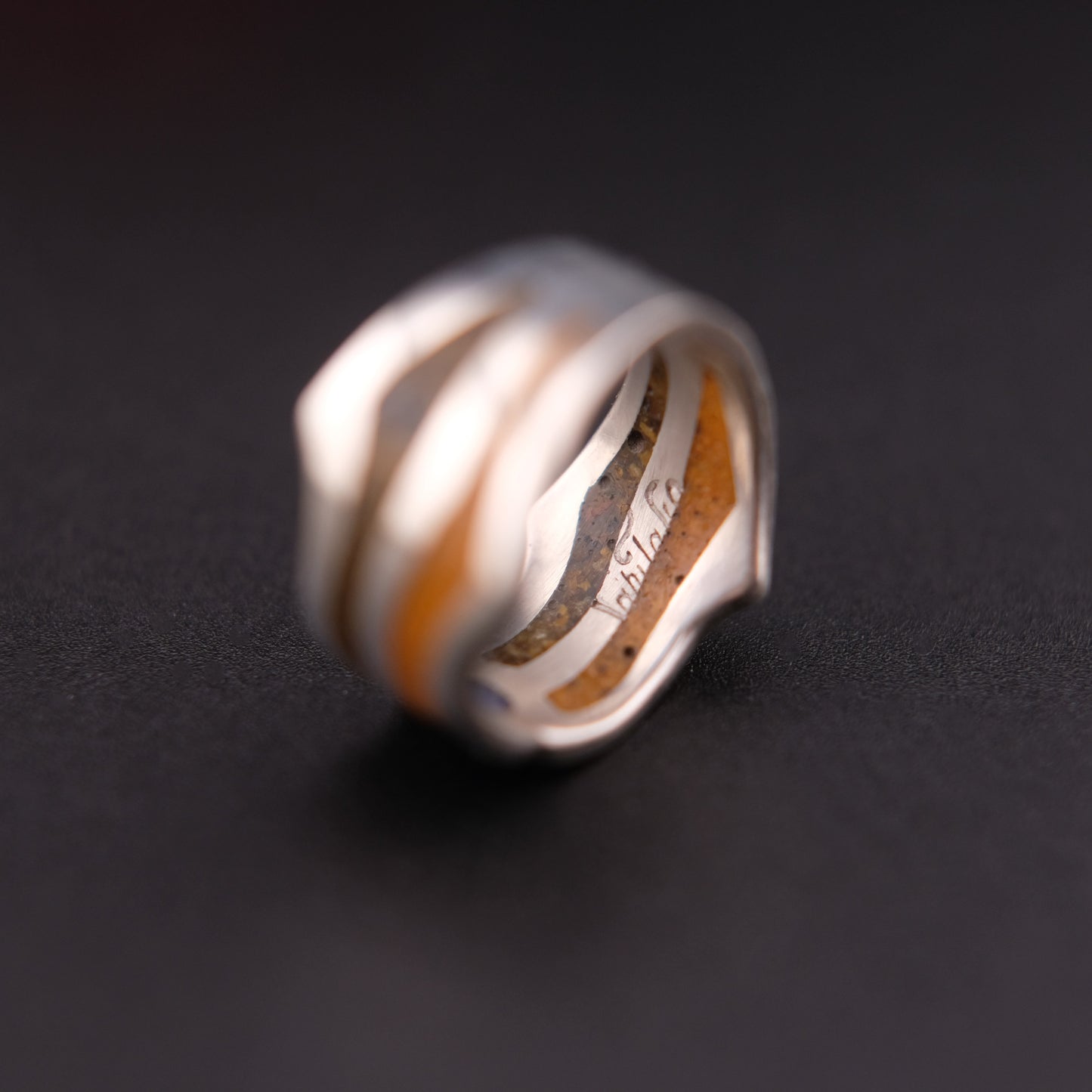 Vintage Saritasco 925 Sterling Silver Inlay Ring – Blue & Amber Tone Mosaic Design (Size 8)