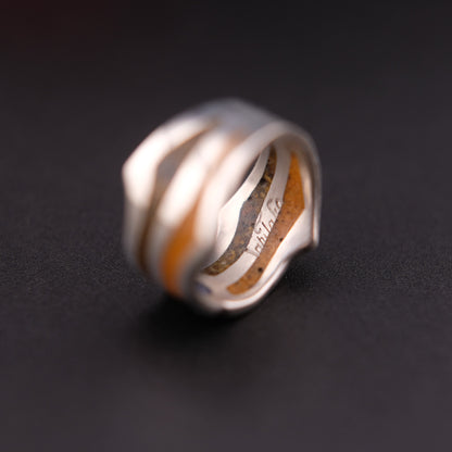 Vintage Saritasco 925 Sterling Silver Inlay Ring – Blue & Amber Tone Mosaic Design (Size 8)