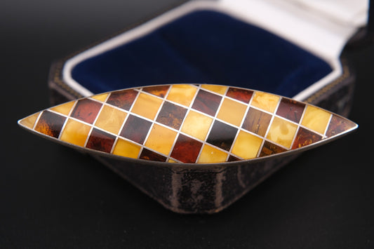 Vintage Sterling Silver Amber Mosaic Brooch – Marquise Shape