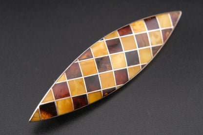Vintage Sterling Silver Amber Mosaic Brooch – Marquise Shape