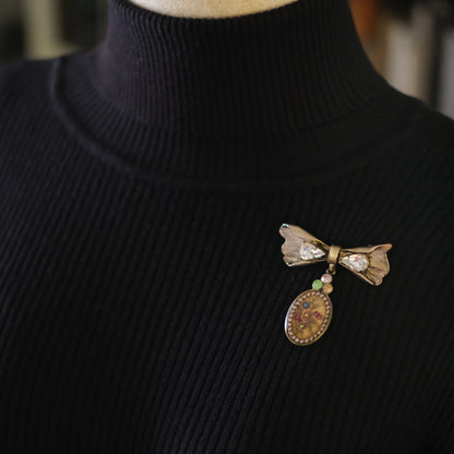 Vintage Michal Negrin Bow & Floral Drop Brooch – Crystal Accents, Romantic Design