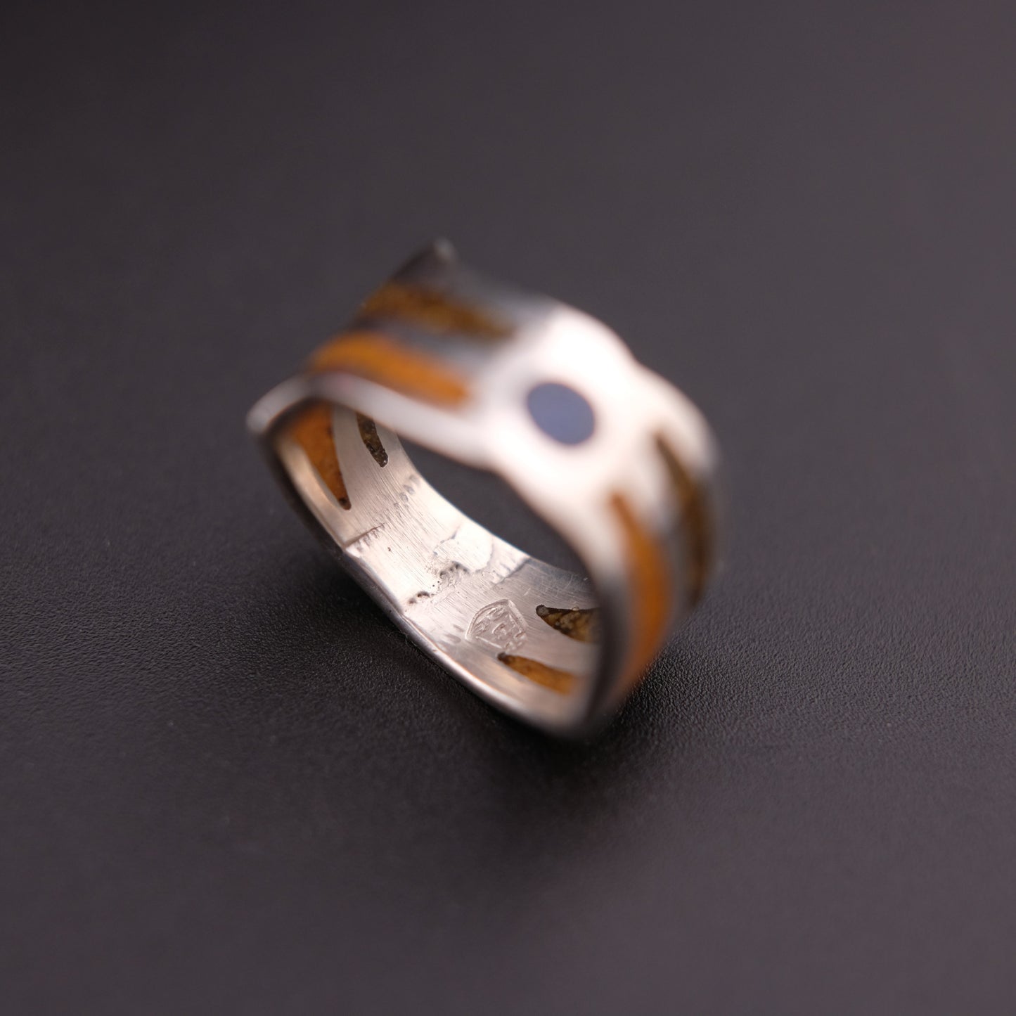 Vintage Saritasco 925 Sterling Silver Inlay Ring – Blue & Amber Tone Mosaic Design (Size 8)