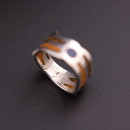 Vintage Saritasco 925 Sterling Silver Inlay Ring – Blue & Amber Tone Mosaic Design (Size 8)