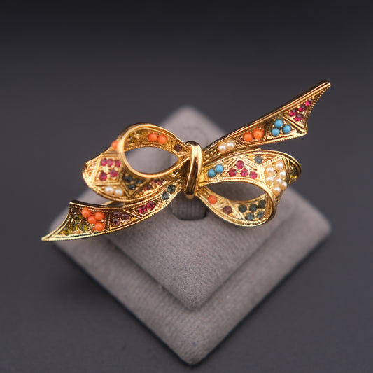 ❤️ Vintage D'orlan Ribbon Bow Brooch Gold Tone Multicolor Rhinestone Faux Pearl 2.1"