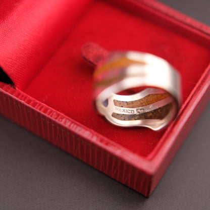 Vintage Saritasco 925 Sterling Silver Inlay Ring – Blue & Amber Tone Mosaic Design (Size 8)