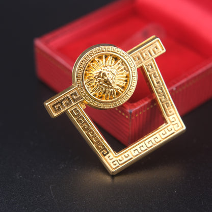 Vintage Malka Paris Lion Sun Medallion Pin – Gold Tone Greek Key Frame – Made in France