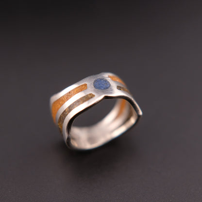 Vintage Saritasco 925 Sterling Silver Inlay Ring – Blue & Amber Tone Mosaic Design (Size 8)