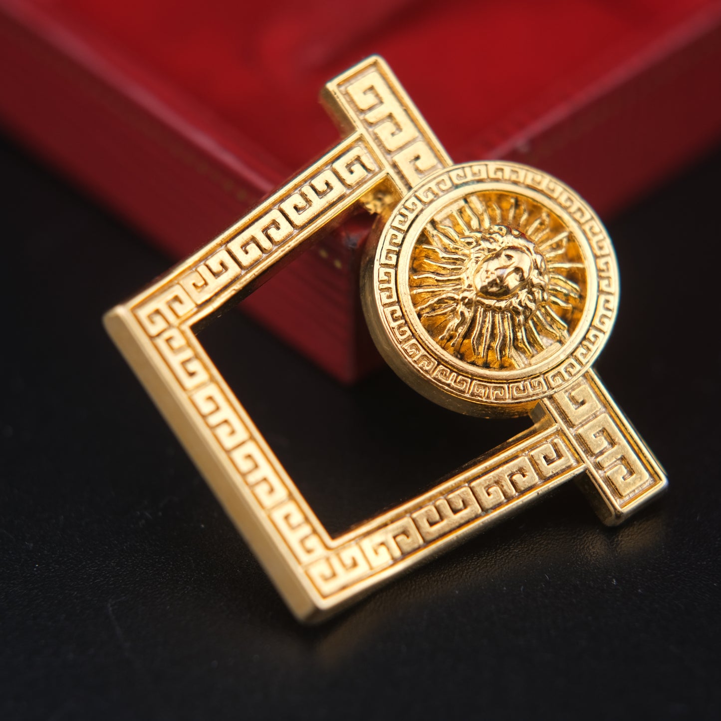 Vintage Malka Paris Lion Sun Medallion Pin – Gold Tone Greek Key Frame – Made in France