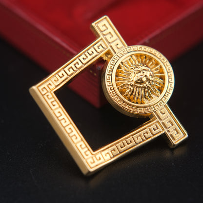 Vintage Malka Paris Lion Sun Medallion Pin – Gold Tone Greek Key Frame – Made in France