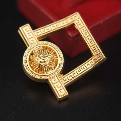Vintage Malka Paris Lion Sun Medallion Pin – Gold Tone Greek Key Frame – Made in France