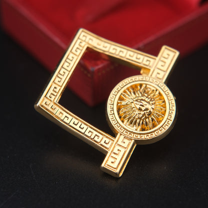 Vintage Malka Paris Lion Sun Medallion Pin – Gold Tone Greek Key Frame – Made in France