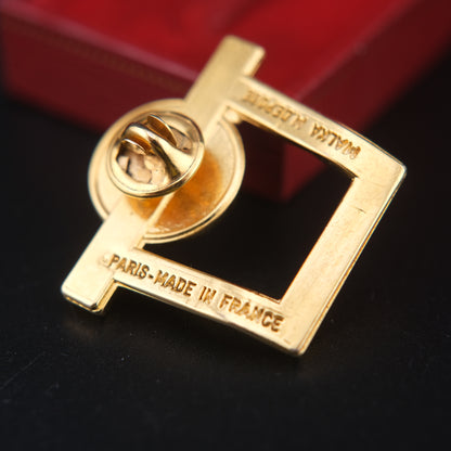 Vintage Malka Paris Lion Sun Medallion Pin – Gold Tone Greek Key Frame – Made in France